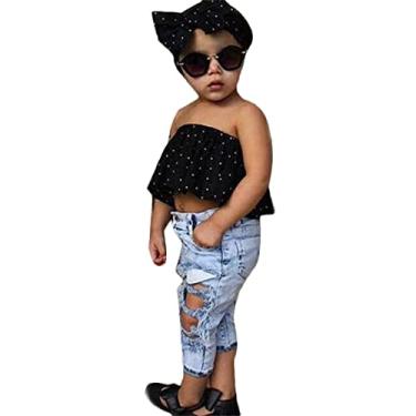Imagem de Novas roupas de bebê infantil meninas camiseta ombro de fora tops jeans buraco jeans calças compridas headwear (preto, 6-7 anos)