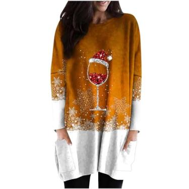 Imagem de Camisetas femininas de Natal com gola redonda e estampa de taça de vinho, blusa de manga comprida para o Natal, Laranja, M