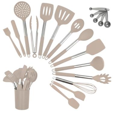 Imagem de Kit 15 Utensílios De Cozinha Com Cabo De Inox e Silicone Premium (Creme)
