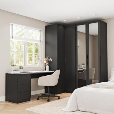 Imagem de Guarda Roupa Modulado de Canto 3 Peças 4 Portas com 2 Portas Reflecta e Escrivaninha Hera Cabecasa M Preto