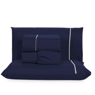 Imagem de Jogo de Lençol Queen Micropercal 200 Fios Ponto Palito 4 Peças Toque Acetinado (Azul Marinho)