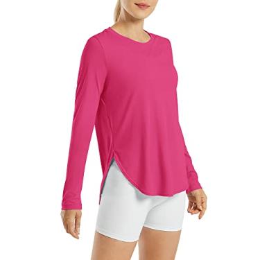 Imagem de G4Free Camisas femininas FPS 50+ UV manga longa treino sol camisa academia ao ar livre caminhada tops secagem rápida leve, Rosa choque, M