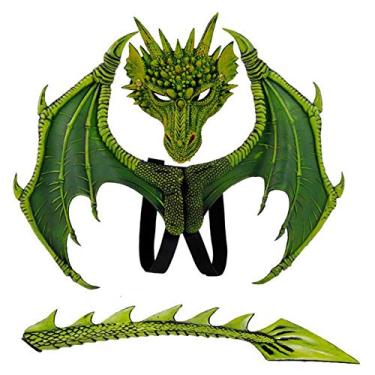 Imagem de Ho.Volta Children's Dragon Wing Costume Dinosaur Tail Mask Set Cosplay Kids Halloween Dragon Costume (Green Set)