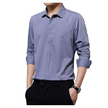 Imagem de Camisa social masculina sem amassados, camisa formal de manga comprida, cor lisa, Cinza, XXG