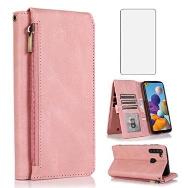 Imagem de Asuwish Capa carteira compatível com Samsung Galaxy A21, protetor de tela de vidro temperado e zíper de couro retrô, suporte para cartão, acessórios para celular Glaxay 21A 2020 feminino ouro rosa