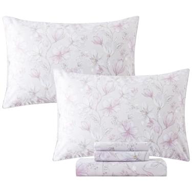 Imagem de FADFAY Lençóis de cama queen rosa 100% algodão blush floral estampa magnólia fazenda lençol com bolso profundo estampa floral luxo 600 fios macio respirável para cama queen size 4 peças