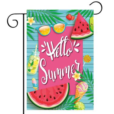 Imagem de Hello Summer Bandeiras de jardim de melancia para exterior 30,5 x 45,7 cm dupla face, verão, tropical, Havaí, praia, vertical, jardim, jardim, bandeiras, piscina, casa, verão, jardim, decoração,