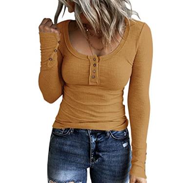 Imagem de KINLONSAIR Camisetas femininas Henley de manga comprida com botões, caimento justo, gola canoa, malha canelada, Marrom, G