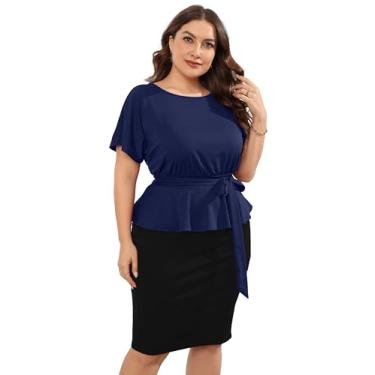 Imagem de KOJOOIN Vestido feminino plus size colado ao corpo, elegante, midi, peplum, negócios, trabalho, escritório, tubinho, lápis, vestido de festa com cinto, Azul, preto, 3G