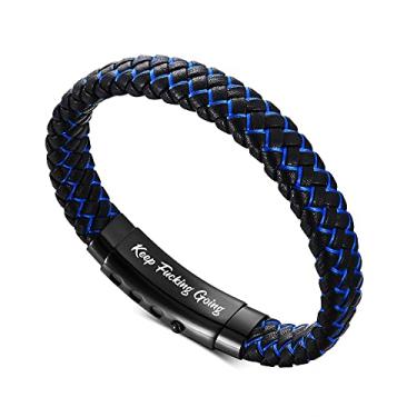 Imagem de VNOX Bracelete masculino de couro trançado feito à mão com mantra inspirador, ajustável, presente motivacional para homens, 8.29 inches, Keep fu**king going (dentro), Pedra de lava