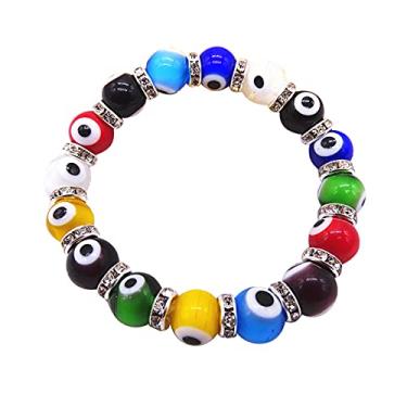 Imagem de COLORFUL BLING Pulseira elástica turca com contas de vidro com olho turco, cordão de cristal, amuleto de proteção Hamsa, Fátima, Hamsa, amuleto feito à mão, joia de amuleto da sorte feita à mão para