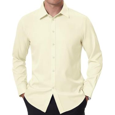 Imagem de DEMEANOR Camisas sociais masculinas slim fit com botões – camisas sociais de manga comprida que repelem manchas para homens sem rugas, Amarelo creme, P