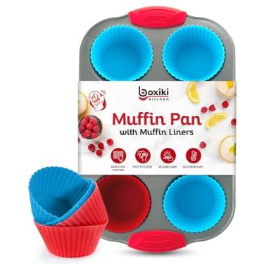 Imagem de Panela antiaderente de 6 xícaras com forros de cupcake de silicone (conjunto de 6) da Boxiki Kitchen | Forro antiaderente premium para assar, estanho de muffin e taças de muffin