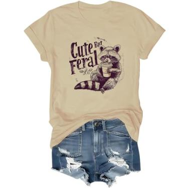 Imagem de Camisetas femininas de verão com estampa animal, casual, fofa, mas selvagem, túnica de manga curta, gola redonda, blusas básicas fofas, Caqui, G