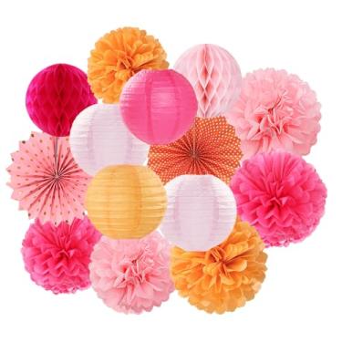 Imagem de Lanternas de decoração de festa rosa-choque laranja queimado - 14 peças de papel de chá de bebê de outono de aniversário ventilador de favo de mel, pompons de tecido, decoração de outono de ação de