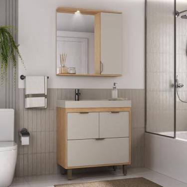 Imagem de Conjunto de Banheiro Gabinete 2 Portas 1 Gaveta e Espelheira com Led 1 Porta Eleganza Carvalho Nature/Arenas