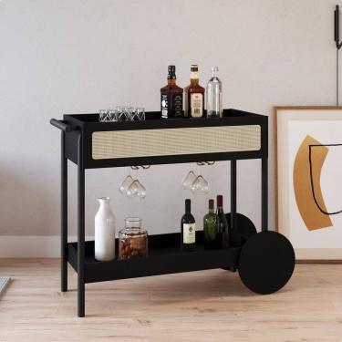 Imagem de Carrinho Bar 1 Gaveta 112cm com Porta Taças Palhinha Pé Madeira Oslo Nero/Preto