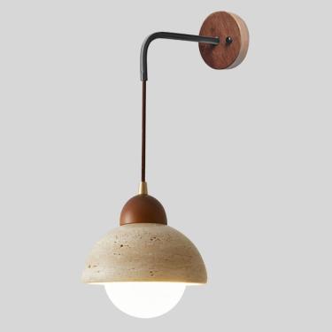 Imagem de Meados do século moderno cúpula amarelo travertino arandela de cabeceira japonês minimalista pedra natural luz parede retro criatividade bola vidro branco nogueira corredor lâmpada parede pa
