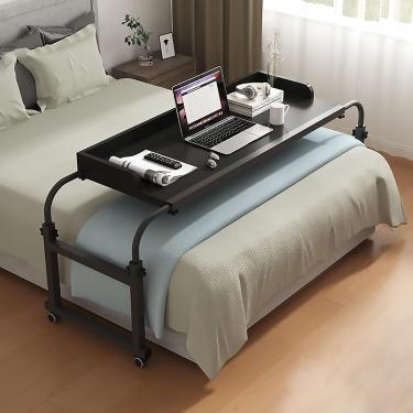 Imagem de Mesa de cama ajustável com rodas, móvel sobre a cama King Queen Laptop para comer na cama com comprimento e altura ajustáveis ​​Mesa de computador, preta, 140 cm