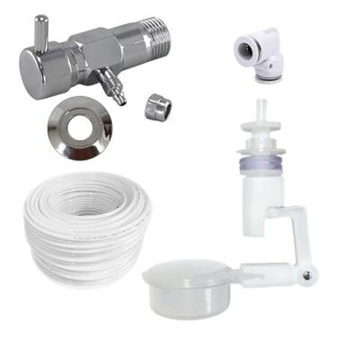 Imagem de KIT Boia Nível de Água + Tubo 1/4” + Registro com Canopla Rosca 1/2” Saída 1/4” + Engate Rápido 1/4” (Engate Branco, 01 Metro de Mangueira)