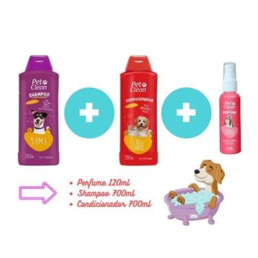 Imagem de Kit Banho Pet Clean Shampoo 5x1 + Condicionador + Perfume Cães Gato Ba