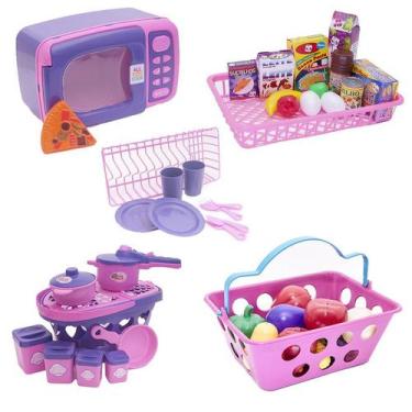 Imagem de Menina Brinquedo Cozinha Eletro Panela Cesta Comida 45pç - Altimar