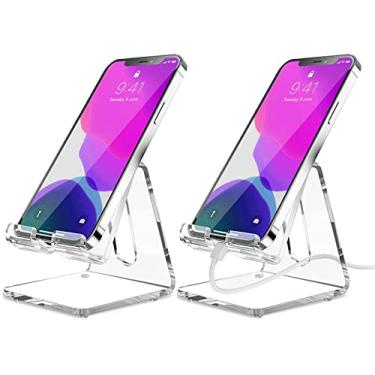 Imagem de KTRIO Pacote com 2 suportes de celular de acrílico, suporte de telefone transparente, suporte de telefone transparente para mesa compatível com iPhone 16 15 14 13 Pro Max 12 11 XR, todos os