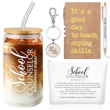 Imagem de Sunnychic 5 peças presentes de agradecimento ao conselheiro escolar incluem copos de vidro de 473 ml, bolsa de maquiagem, caneta esferográfica de couro, chaveiro Best Counselor Ever presente de