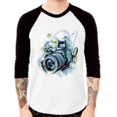 Imagem de Camiseta Raglan Câmera Fotográfica Manga 3/4 - Foca na Moda, Branco, P