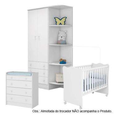Imagem de Quarto de Bebê Berço c/Rod Guarda Roupa Cômoda Doce Sonho Branco Qmovi