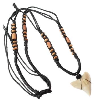 Imagem de Swimmi Colar de dente de tubarão genuíno para homens, colar de dente de tubarão Mako, colar de contas de madeira feitas à mão com cordão ajustável para joias femininas - BA369