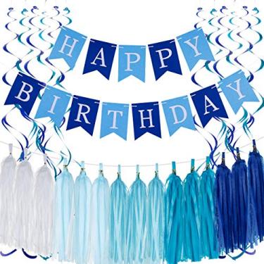 Imagem de Sinal de feltro azul feliz aniversário banner e papel de tecido borlas guirlanda e 12 peças pendurado swirl Streamers - artigos de decoração de festa de aniversário