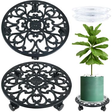Imagem de 2 pacotes de suporte de planta rolante de 35,5 cm com rodas, suporte redondo resistente para plantas de ferro para uso interno, rolos para plantas, carrinho de plantas com pires de plantas