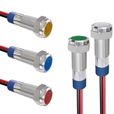 Imagem de APIELE Luz indicadora de 6 mm à prova d'água IP65 lâmpada de sinal de metal IP65 12V-24V AC/DC LED piloto lâmpada de painel vermelho verde azul amarelo branco 5 peças com fio de 150 mm para carro caminhão barco (multicolorido)