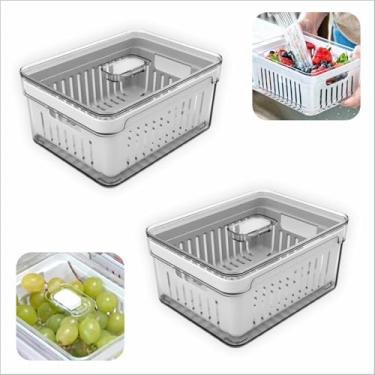 Imagem de " Kit 2 Pote Organizador De Alimentos 2,2 Litros Clear Fresh Transparente Para Alimentos Frutas Verdura Legumes Salada Válvula Respiração Cesto Drenagem Removível Caixa Organizadora de Geladeira "