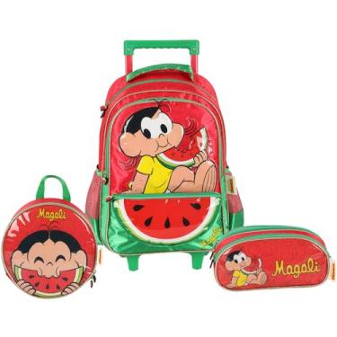 Imagem de Kit Mochila Rodinhas 2 em 1 Lancheira Estojo Mônica Magali (Vermelho)