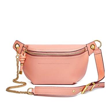 Imagem de Bolsas de cintura femininas de couro genuíno de luxo bolsa de ombro com corrente cinto bolsa tiracolo para mulheres(Pink)