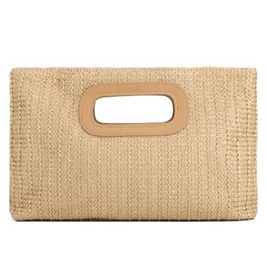 Imagem de Fecialy Bolsa clutch de palha com alça superior para mulheres ráfia para noite bolsa de praia de verão bolsa transversal, Caqui