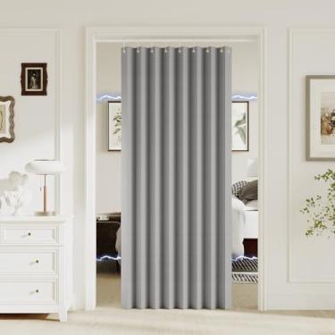 Imagem de Turquoize Cortinas de porta sanfonadas plissadas 100% blackout de linho magnético, texturizadas, cortina dobrável para armário e divisória, 1 painel, L 111 x C 192, cinza