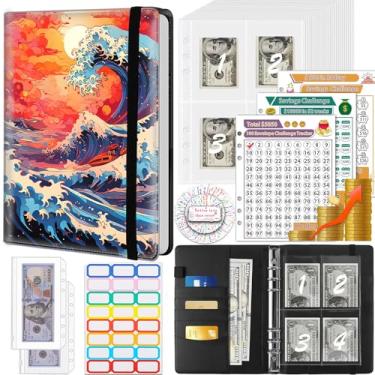 Imagem de Fichário para economizar dinheiro, 100 envelopes, desafio de economia de dinheiro, fichário de orçamento e 3 rastreadores de orçamento, livro de couro PU A5 para economizar dinheiro, anime ondas do