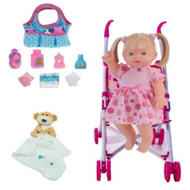 Imagem de Kit Boneca Elisi Bebê 30 Falas + Naninha Carrinho e Bolsinha - Adijoma