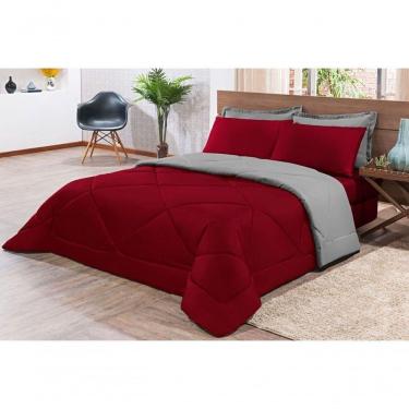 Imagem de Kit Edredom + Jogo De Lençol Aconchego Look House Dupla Face Casal Queen 06 Peças - Vermelho- Cinza