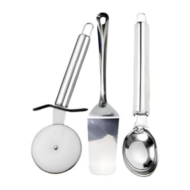 Imagem de Kit 3 Peças Inox Cortador De Pizza + Espatula Para Bolo + Colher De Sorvete Utensilio Cozinha(CORTADOR+ESPATULA+COLHER)