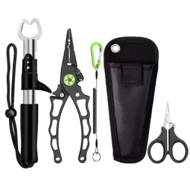 Imagem de Genibaby Alicate De Pesca De Alumínio, Kit De Ferramentas De Pesca Com 5 Peças, Removedor De Anzol Multifuncional Atualizado E Tesoura De Pesca, Equipamento De Pesca, Presente De Pesca No Gelo Para