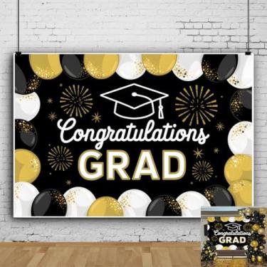 Imagem de Pano de fundo de 3,7 x 2,4 m Class of 2025 para formatura preto e dourado Congrats Grad Backdrop para fotografia, parabéns, graduados, decorações de formatura de faculdade, adereços de cabine de fotos