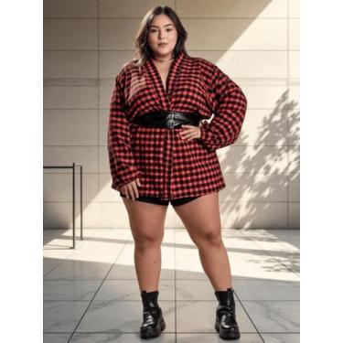 Imagem de Cardigã Feminino Xadrez Plus Size Kimono Manga Longa Camisa Soltinha A