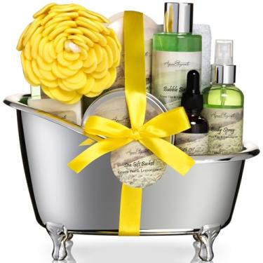 Imagem de Aqua Elegante Cestas De Presentes De Spa Para Mulheres - Conjunto De Banho De Luxo Com Chá Verde E Capim-Limão - O Kit De Spa Inclui Sabonete Líquido, Banho De Espuma, Loção, Manteiga Corporal, Sabo