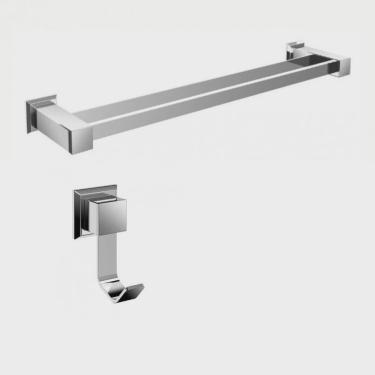 Imagem de Kit com Porta Toalha de Banho Duplo 62cm e 1 Cabide Ducon Metais Cromado