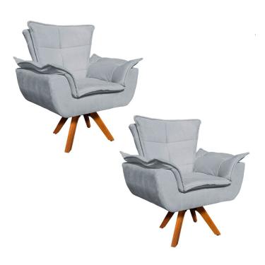 Imagem de Kit 02 Poltronas Giratória Opala Suede Cinza Base Madeira
