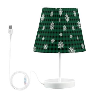 Imagem de Joisal Flocos de neve em candeeiro de mesa xadrez verde com porta USB, lâmpadas de leitura para cama com abajur para mesa de cabeceira